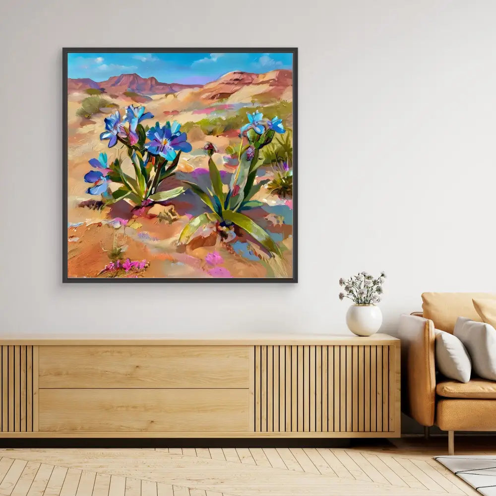 Framed painting of bright blue desert wildflowers against a mountainous desert landscape.