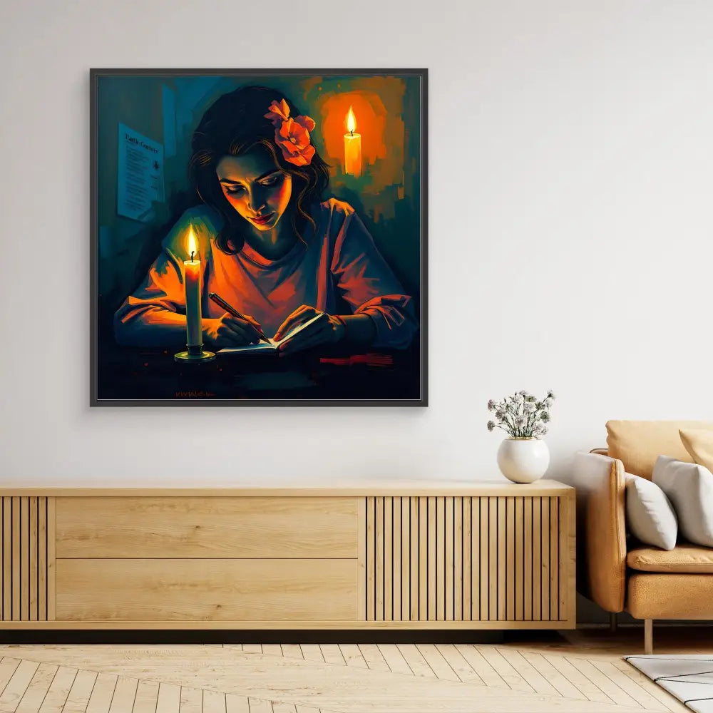 A framed painting depicting someone reading by candlelight with a flower in their hair.