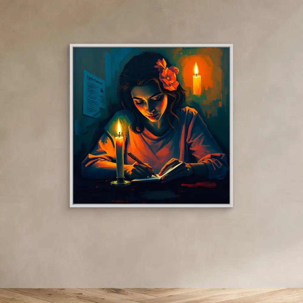 A framed painting of someone reading by candlelight with an orange flower in their hair.