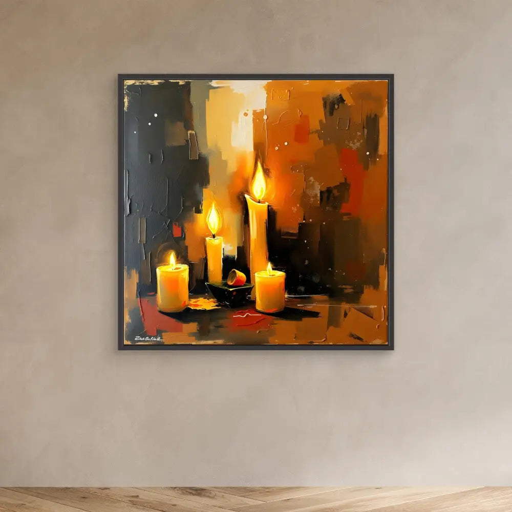 A framed painting of glowing candles against warm orange and dark tones.