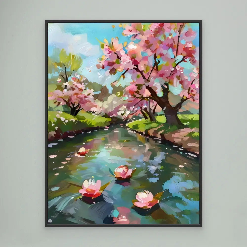 A framed painting of cherry blossoms and water lilies along a tranquil stream.