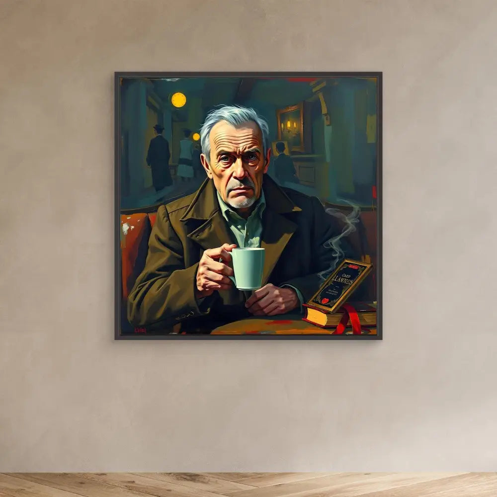 A framed painting of someone holding a steaming coffee cup in a dimly lit setting.