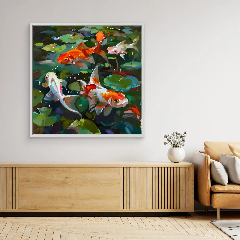 A framed painting of colorful koi fish swimming among lily pads.