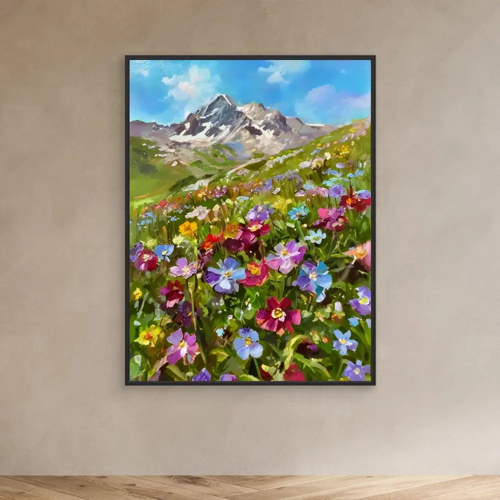 Framed painting of colorful wildflowers blooming in an alpine meadow beneath mountain peaks.