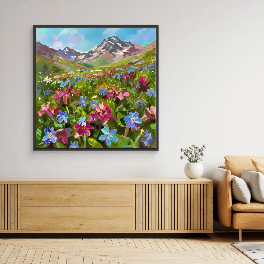 Framed painting of colorful wildflowers blooming in a mountain meadow.