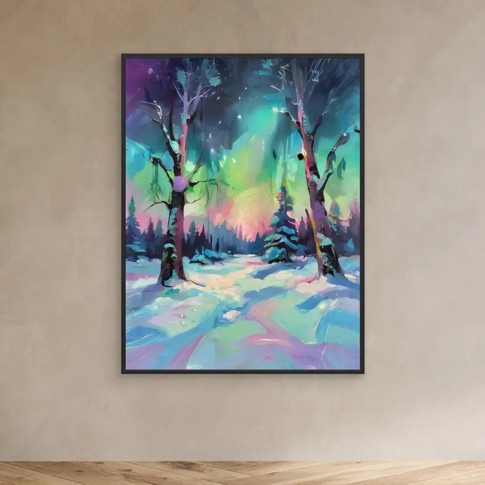 A framed painting depicting a colorful winter forest scene with northern lights.