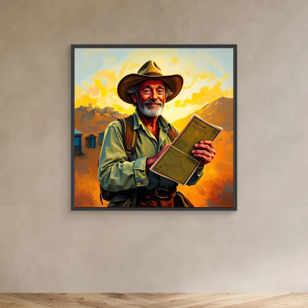 A framed painting of a smiling cowboy holding a book against a sunset sky.