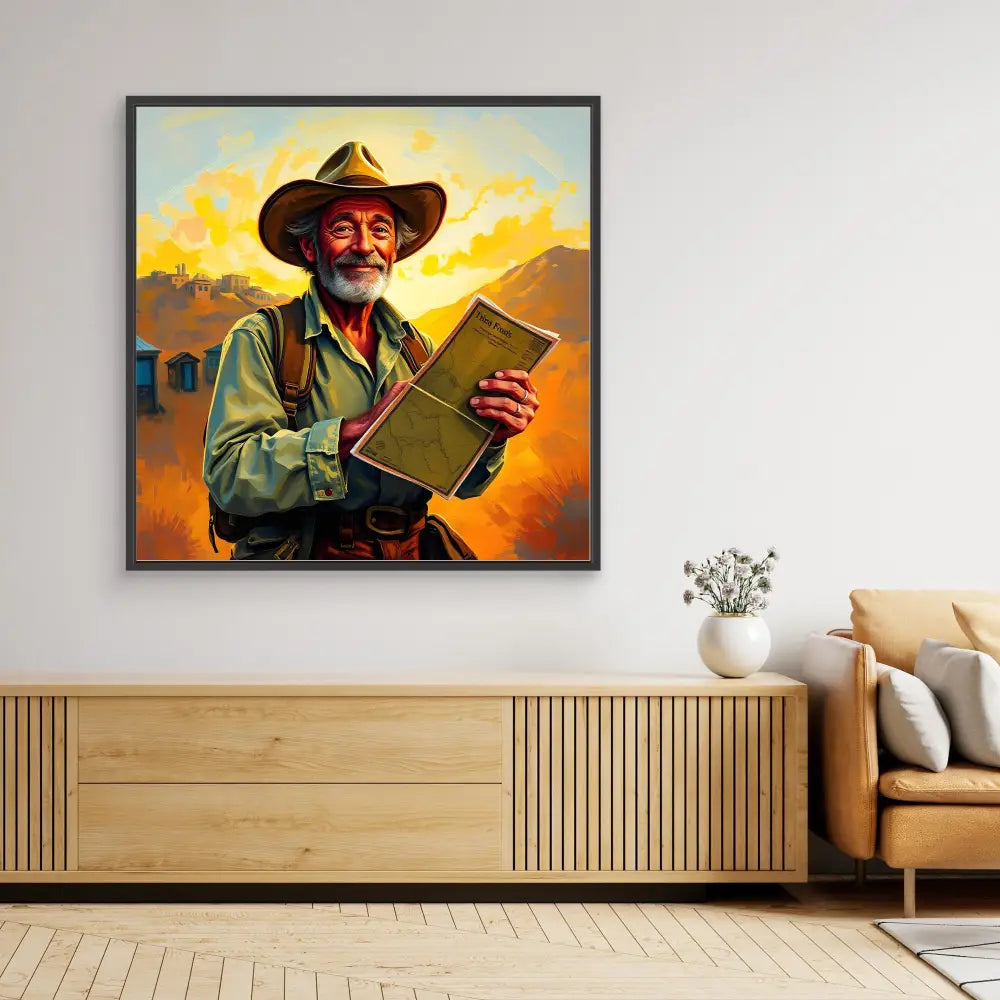 A framed painting of a cowboy holding a book against a sunset-lit landscape.