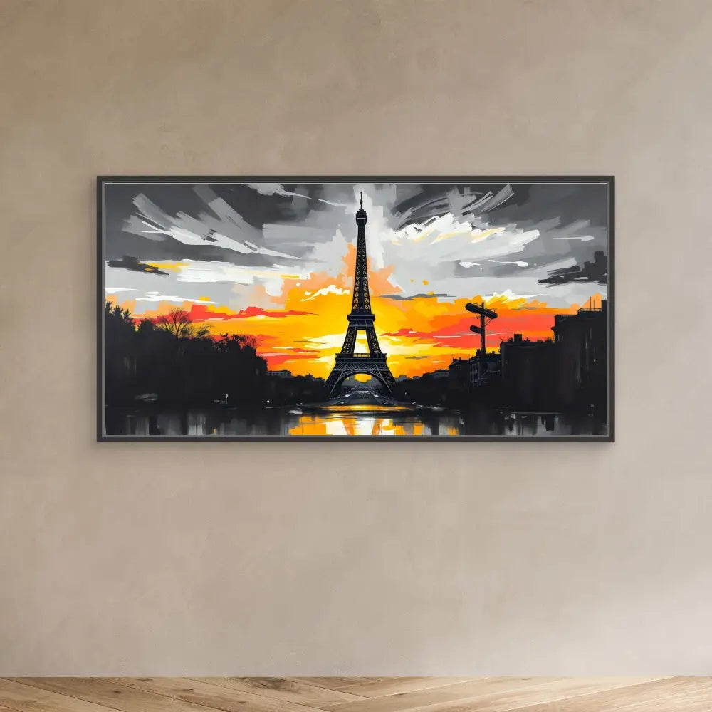 A framed painting of the Eiffel Tower silhouetted against a dramatic orange sunset.