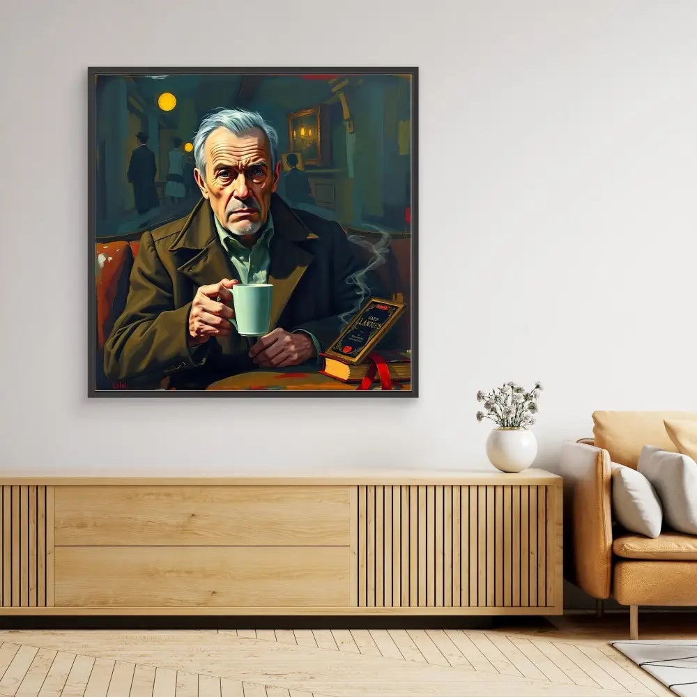 A framed painting of an elderly person holding a coffee cup while smoking.