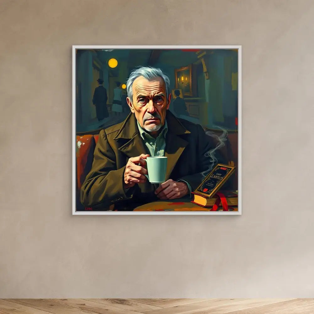 A framed painting of an elderly person holding a coffee cup in a dimly lit setting.