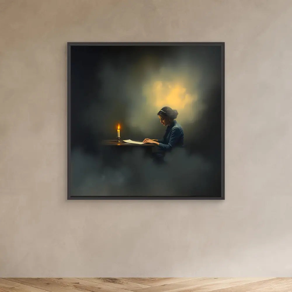 A framed painting of a figure reading by candlelight.