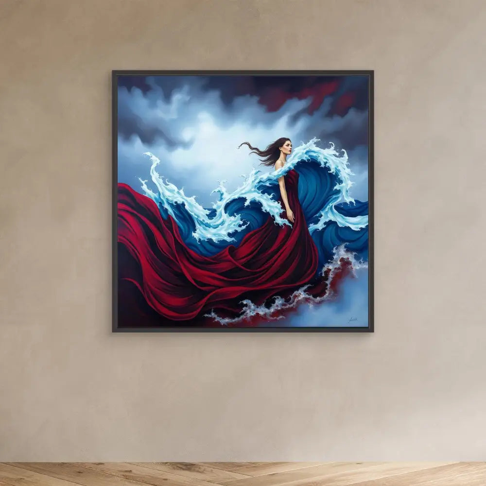 A framed painting depicting a figure in a flowing red dress amid crashing ocean waves against a stormy sky.