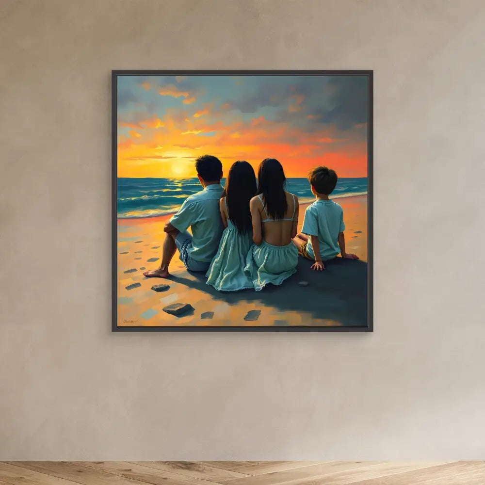 A framed painting of four people sitting together on a beach at sunset.