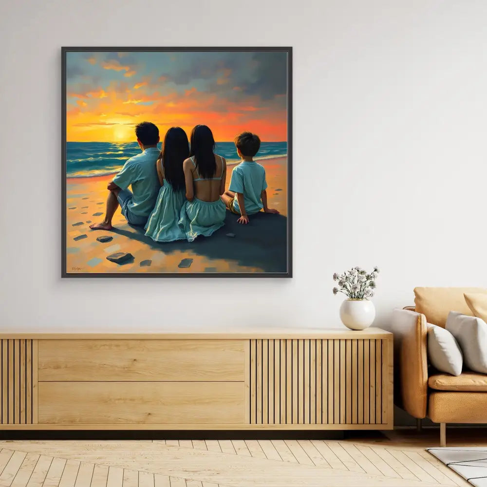 A framed painting of four people sitting together on a beach at sunset.