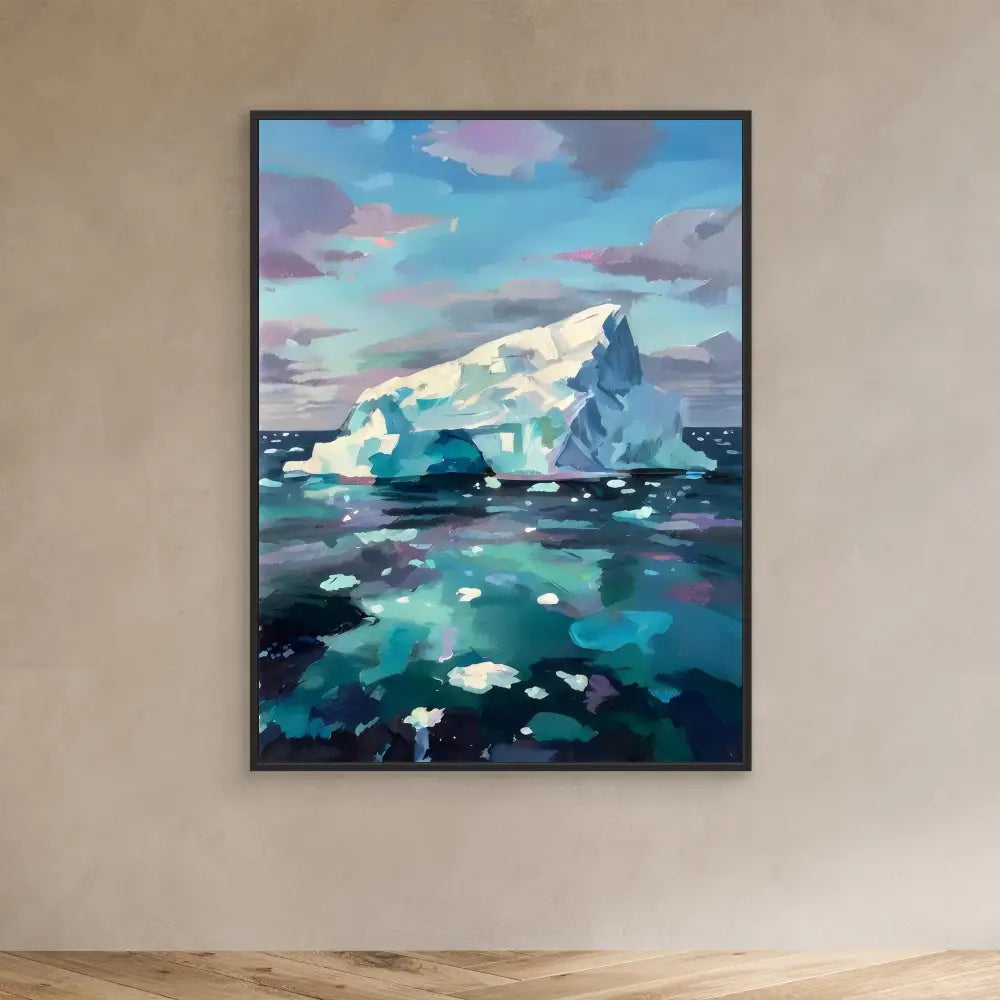 Framed painting of an iceberg floating in turquoise arctic waters.