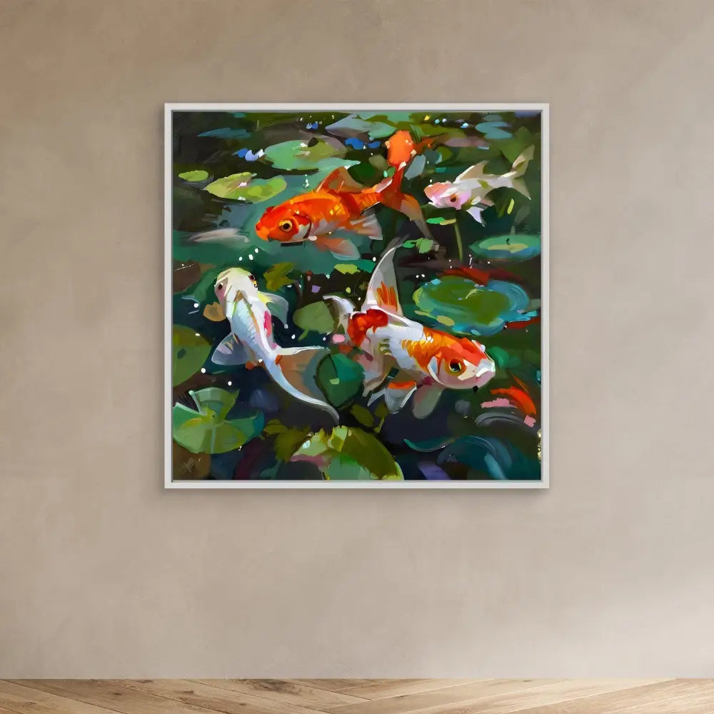 Framed painting of koi fish swimming among lily pads.