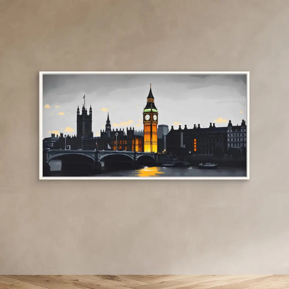 A framed painting of London’s Big Ben and Parliament at night with illuminated lights reflecting on the Thames.