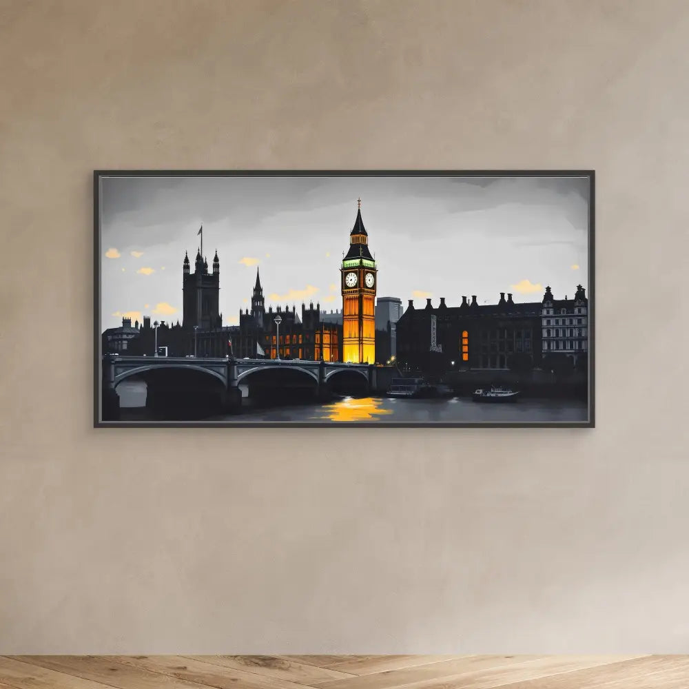 A framed painting of London’s skyline at dusk featuring Big Ben and Westminster Bridge.