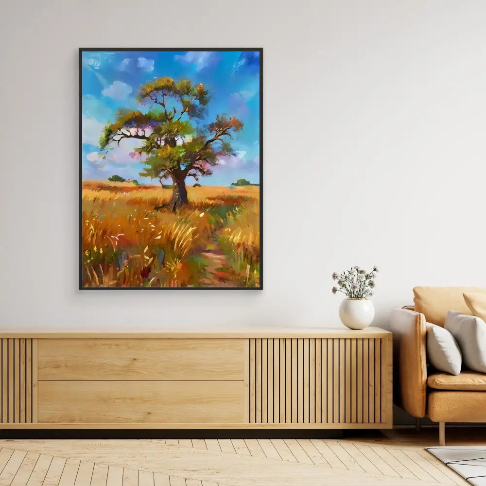 A framed painting of a lone tree in a golden savanna field under a blue sky.