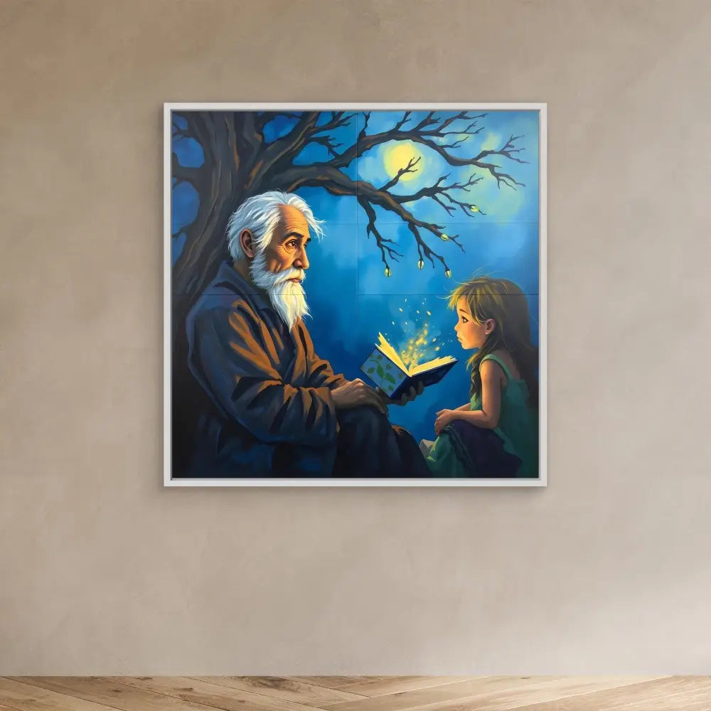 A framed painting depicting a magical storytelling moment between an elderly figure and a child under a moonlit tree.