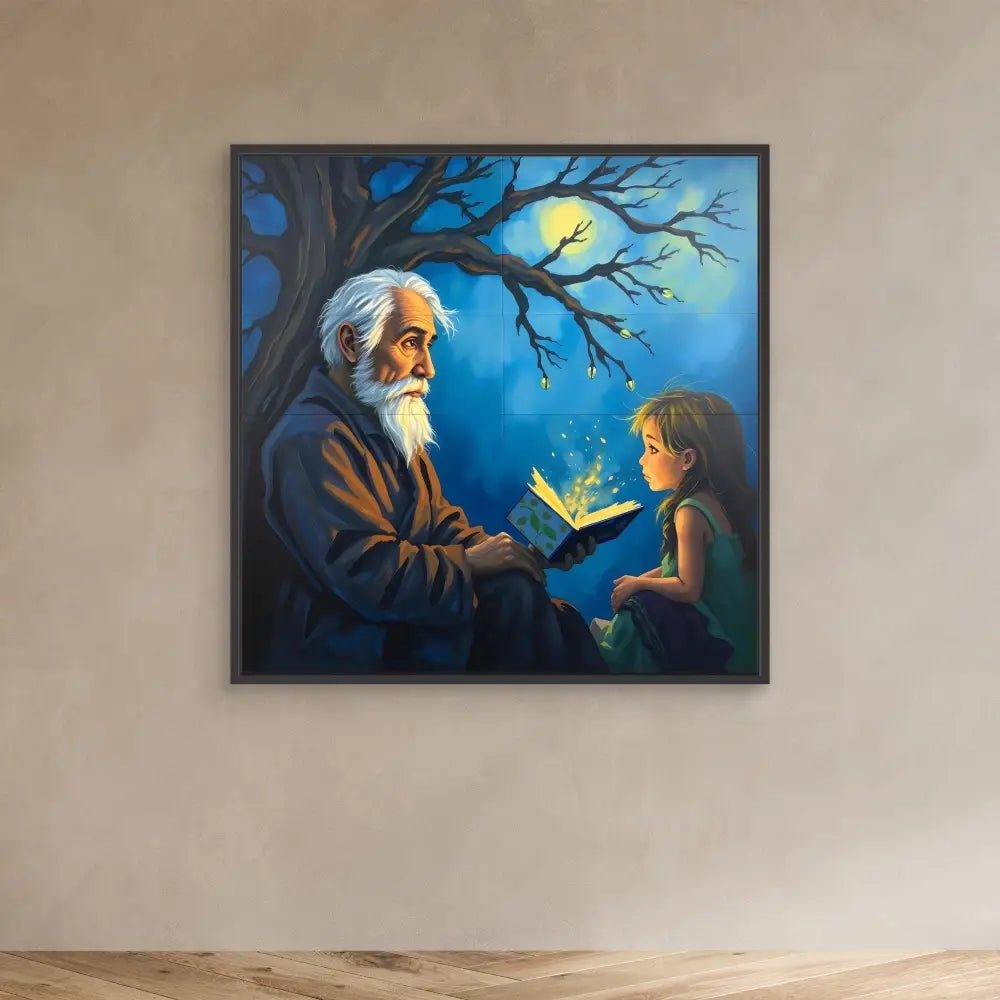 A framed painting depicting a magical storytelling moment between an elderly figure and a child under moonlit tree branches.