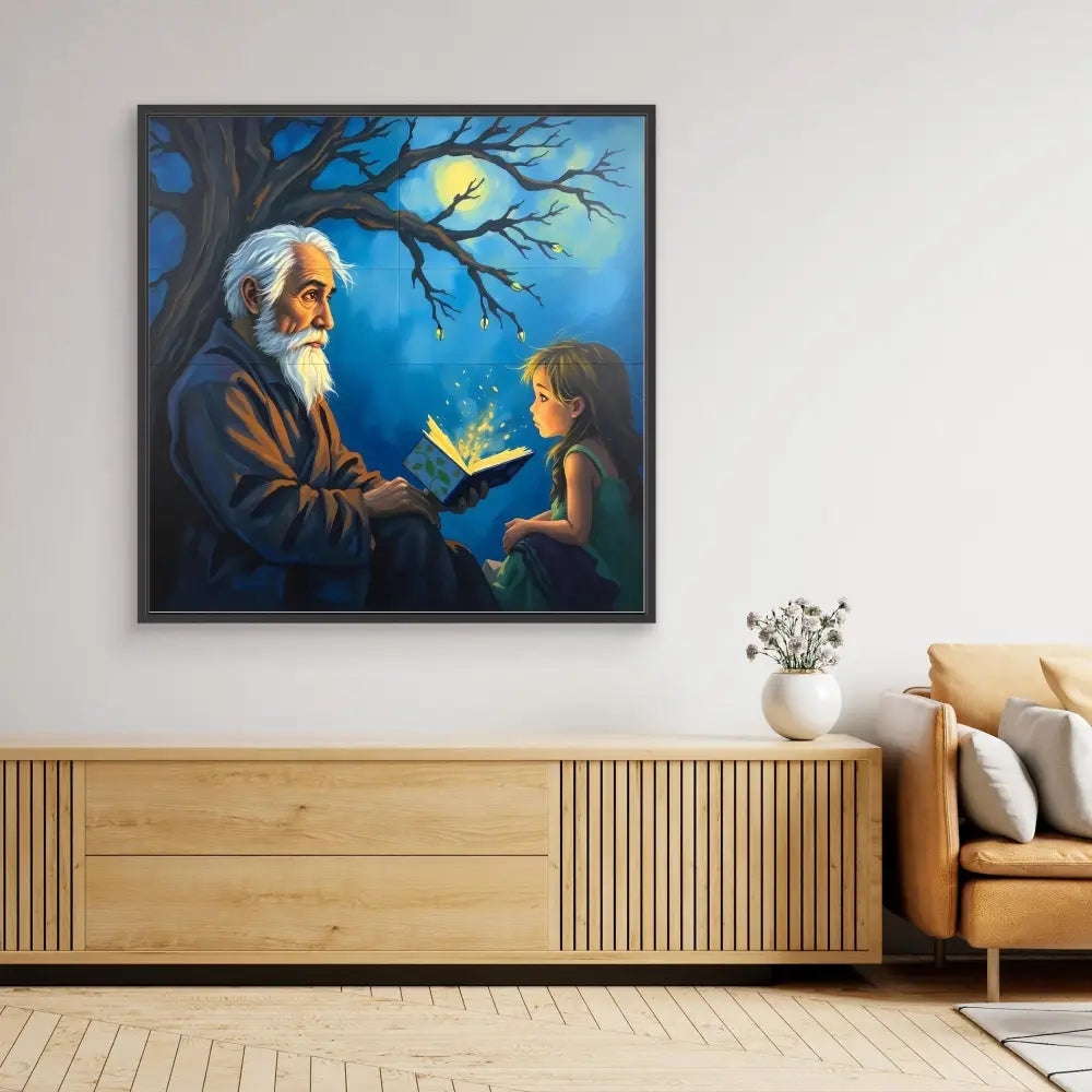 A framed painting depicting a magical storytelling moment between an elderly man and a child under moonlight.