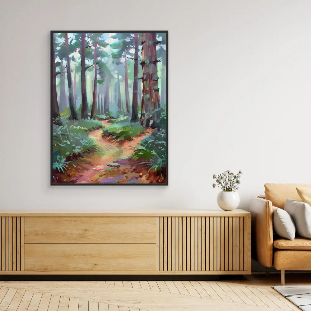 A framed painting of a misty forest path with tall trees and scattered foliage.