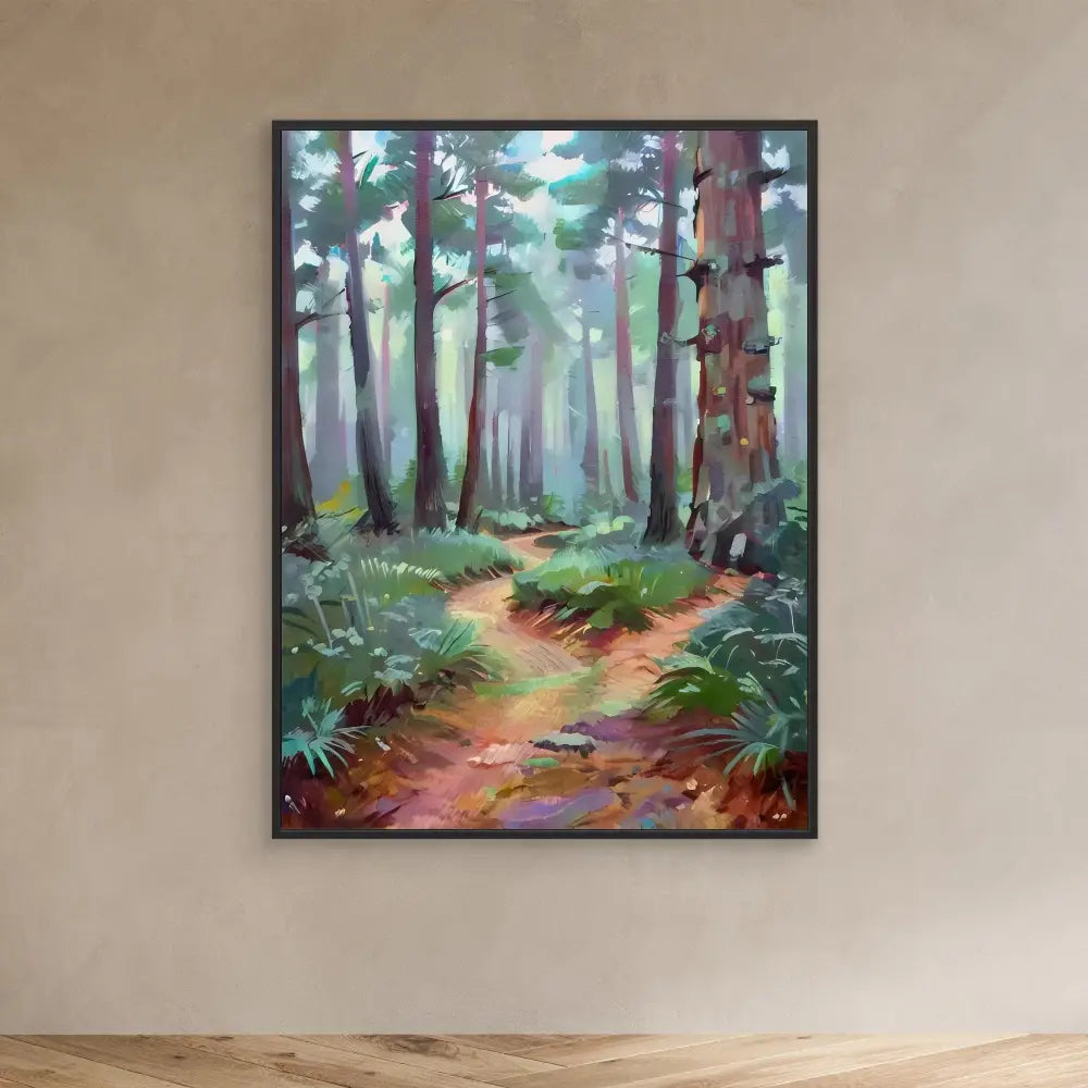 A framed painting of a misty forest path winding through tall pine trees.