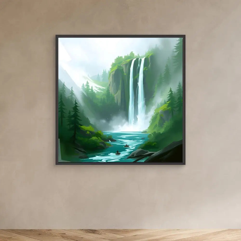 A framed painting of a misty waterfall cascading down green cliffs into a turquoise river.