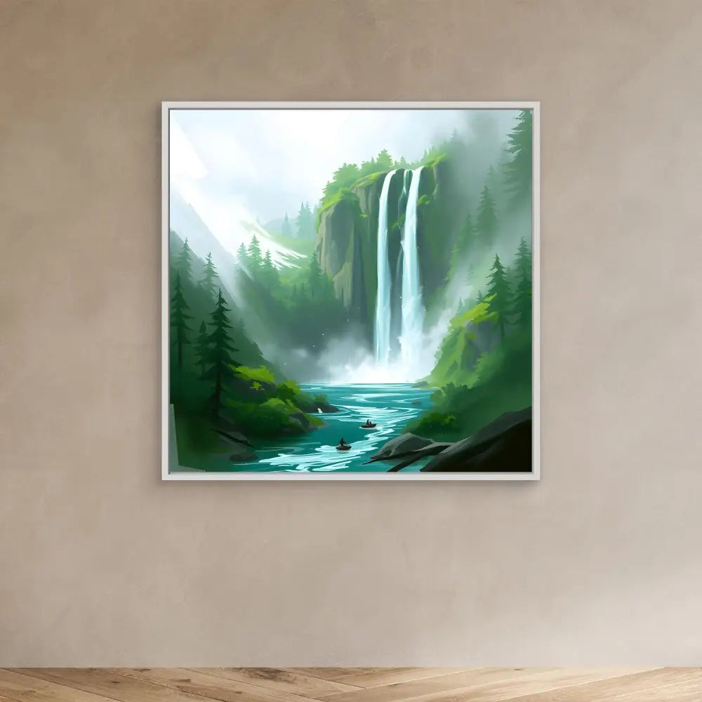 A framed painting of a misty waterfall cascading into a turquoise river among evergreen trees.