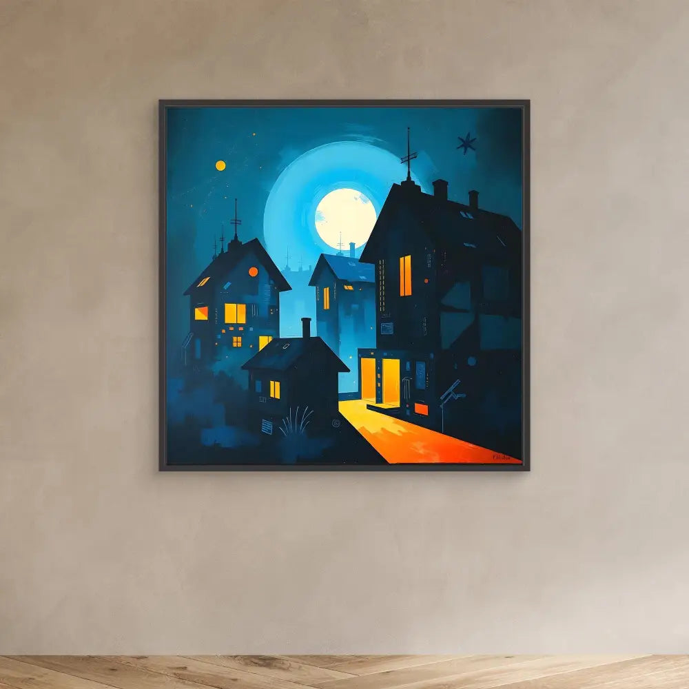 A framed painting of moonlit houses with glowing windows against a dark blue night sky.