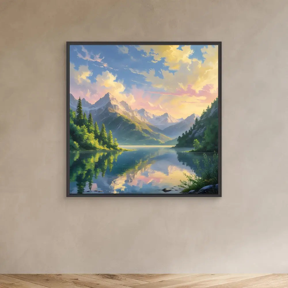 Framed painting of a mountain lake with evergreen trees and a sunset-colored sky reflected in calm waters.