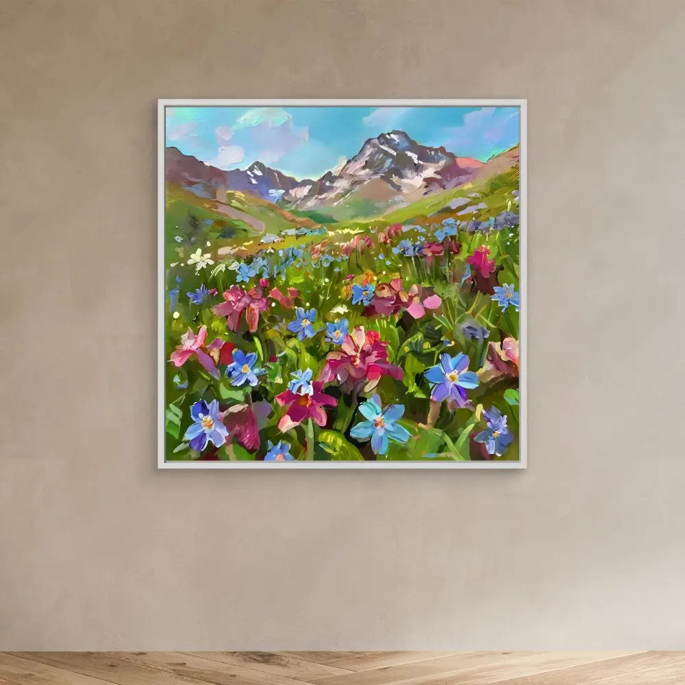 A framed painting of pink and blue wildflowers blooming in an alpine meadow beneath snow-capped mountains.