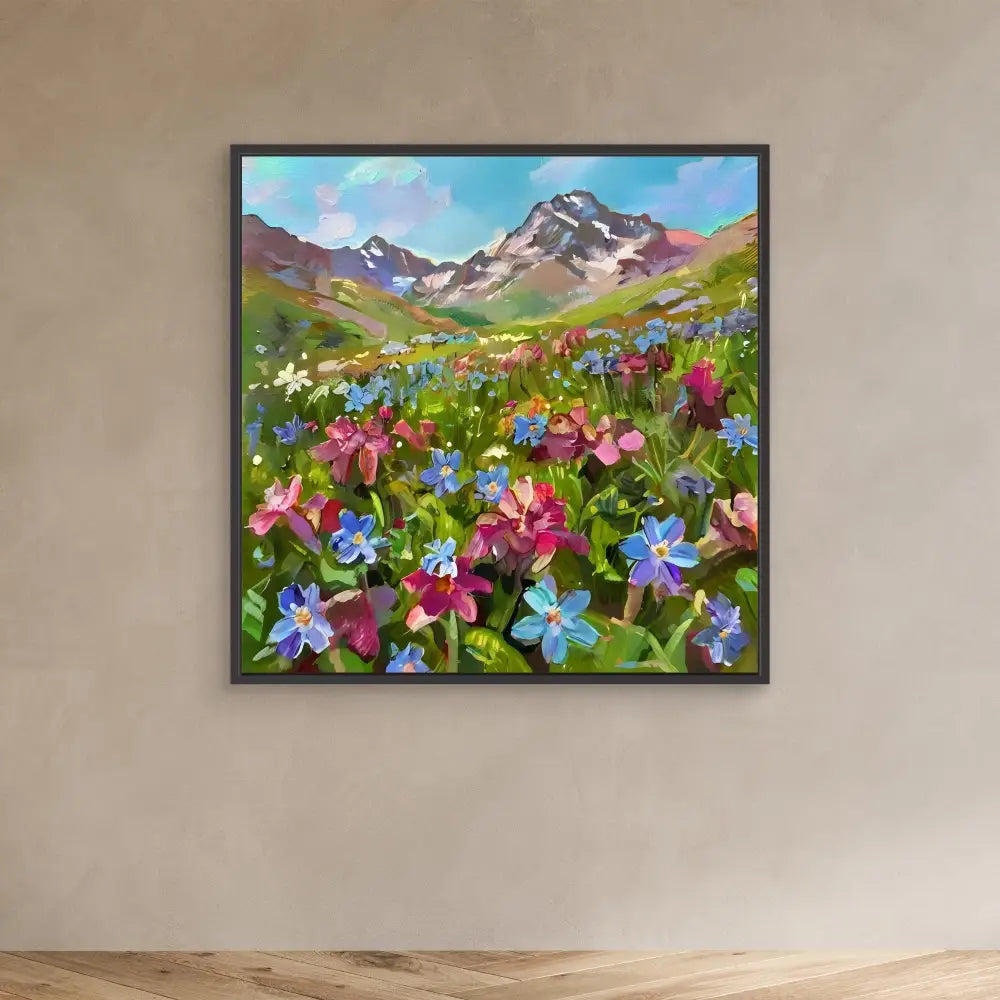 Framed painting of pink and blue wildflowers blooming in an alpine meadow beneath snow-capped mountains.