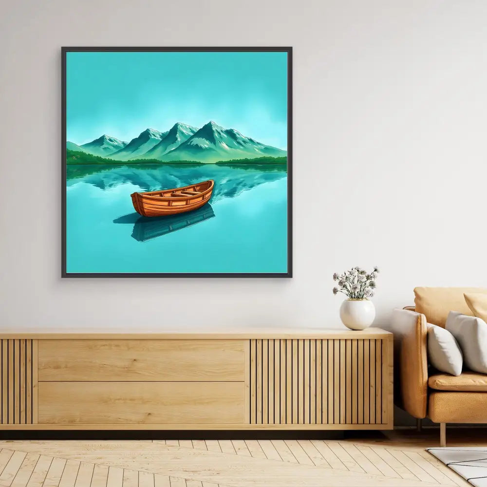 A framed painting of a red wooden boat on tranquil water.