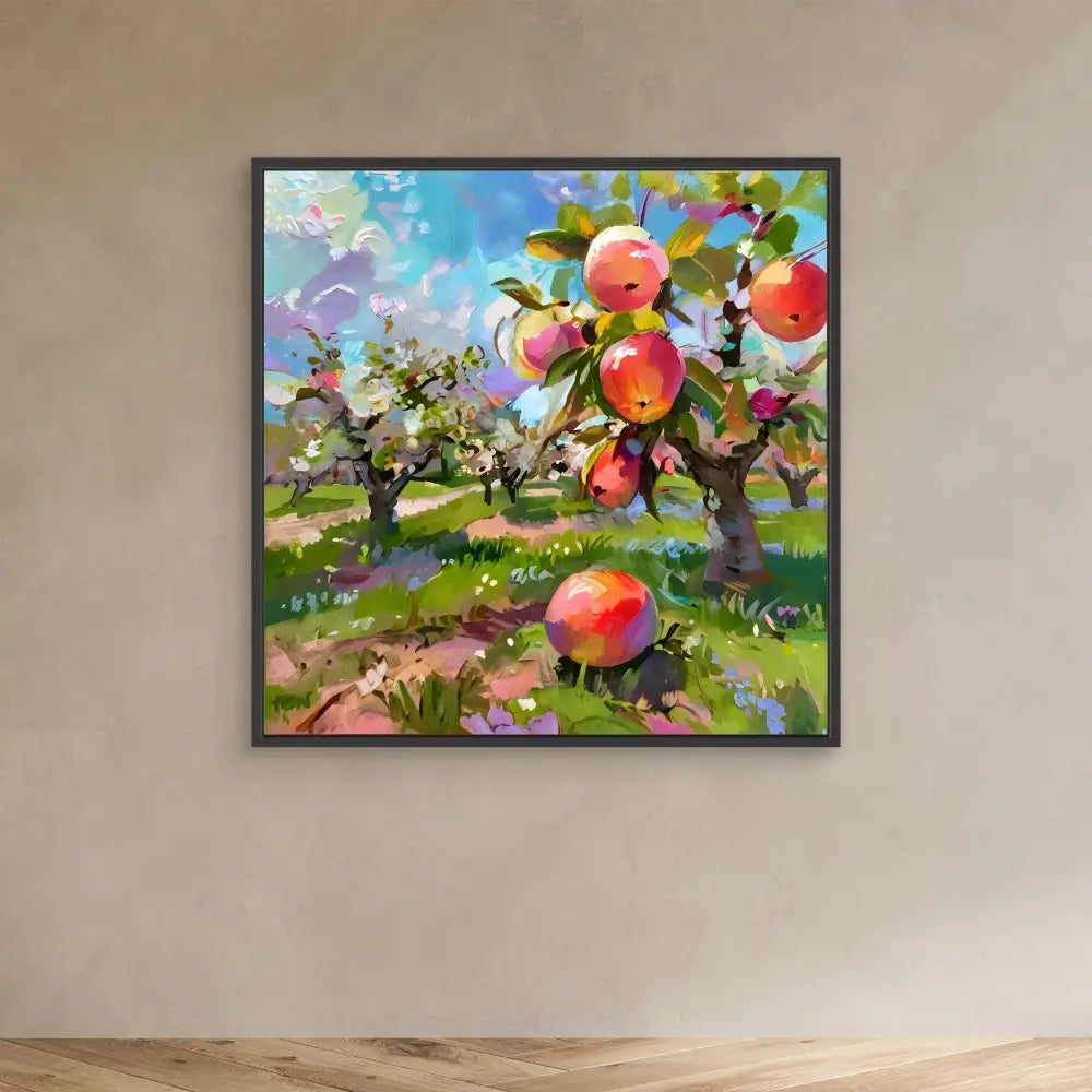 Framed painting of ripe apples growing on trees in an orchard.