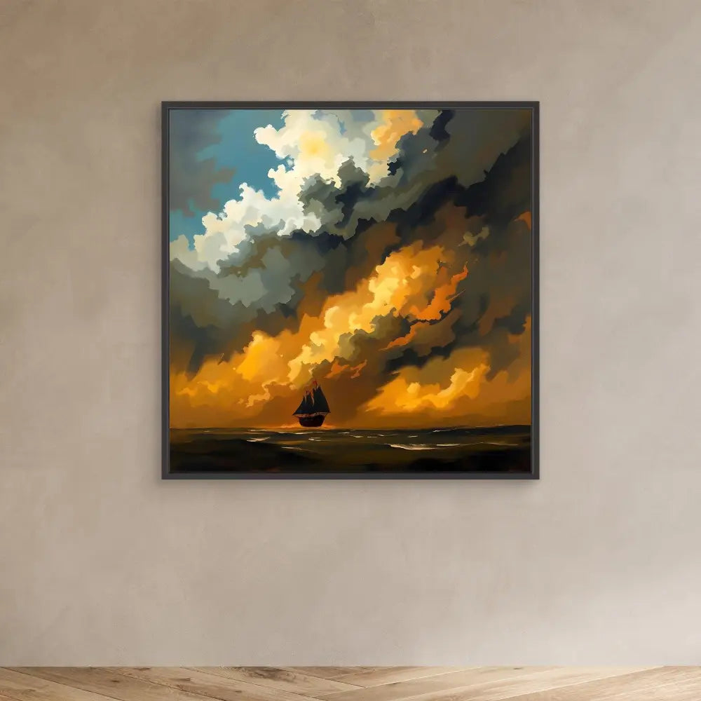 A framed painting of a sailboat beneath dramatic orange and dark storm clouds.