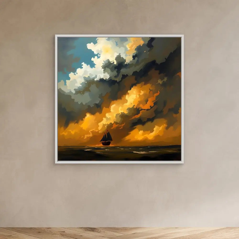 A framed painting of a sailboat beneath dramatic orange and dark storm clouds.