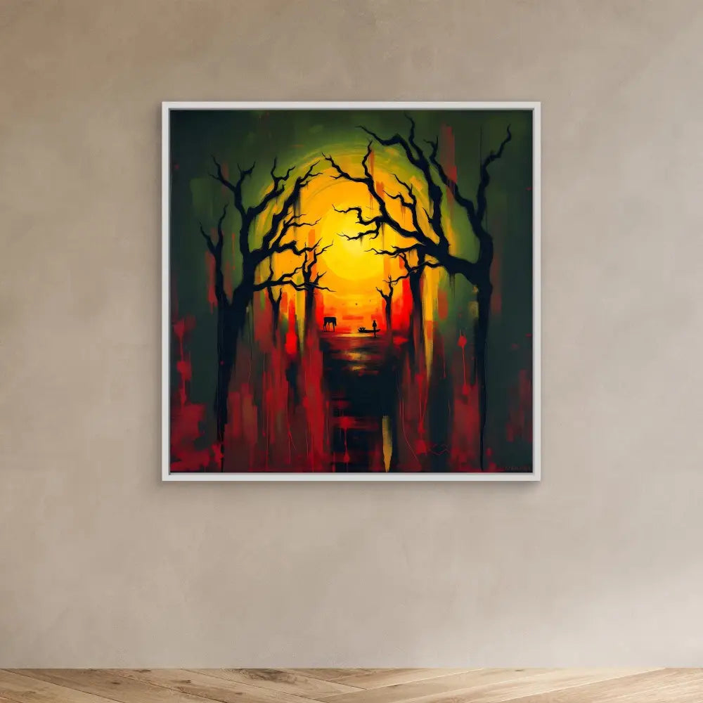 A framed painting of silhouetted bare trees against a sunset sky with red and yellow hues.