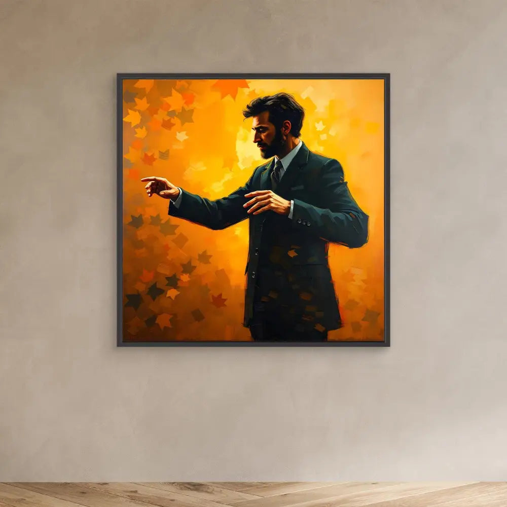 A framed painting of a silhouetted figure in a suit gesturing against an orange background.