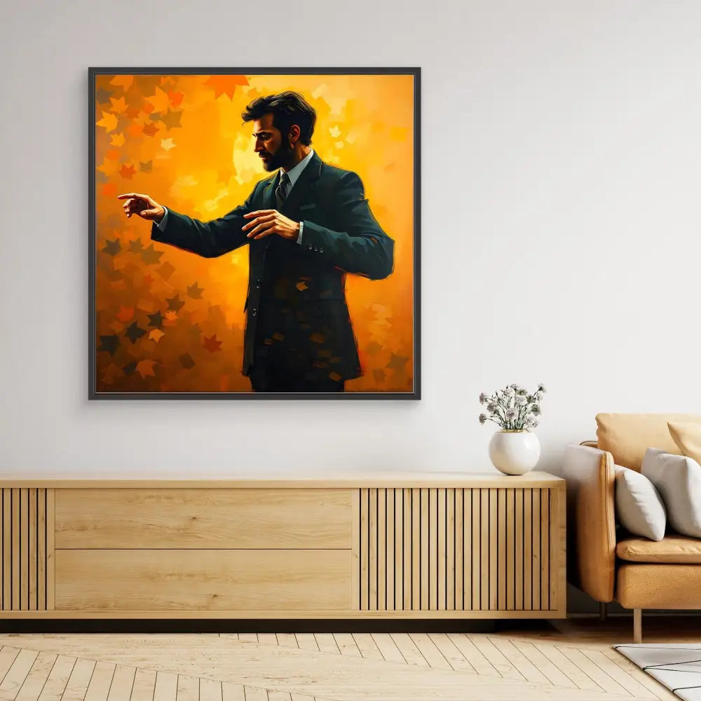 A framed painting of a silhouetted figure in a suit gesturing against an orange background.