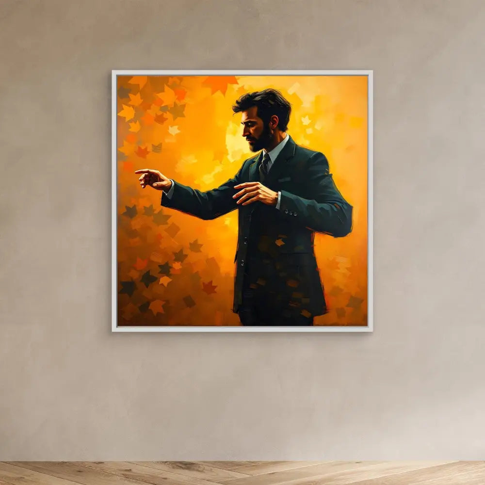 A framed painting of a silhouetted figure in a suit gesturing against an orange background.