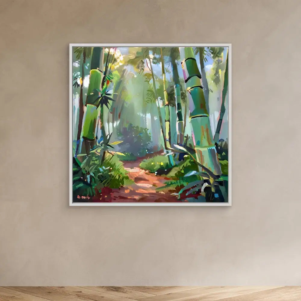 Framed painting of a sunlit bamboo forest with a dirt path winding through it.