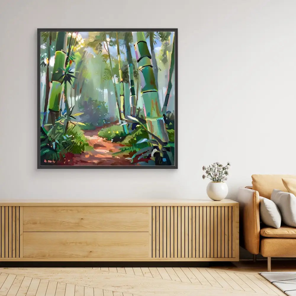 Framed painting of a sunlit bamboo forest path with green stalks and dappled lighting.