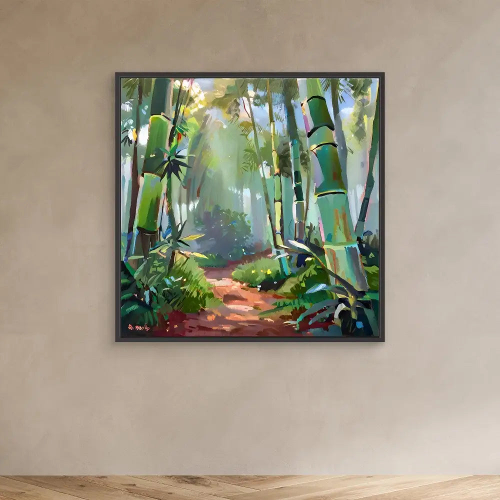 Framed painting of a sunlit bamboo forest with a dirt path winding through it.