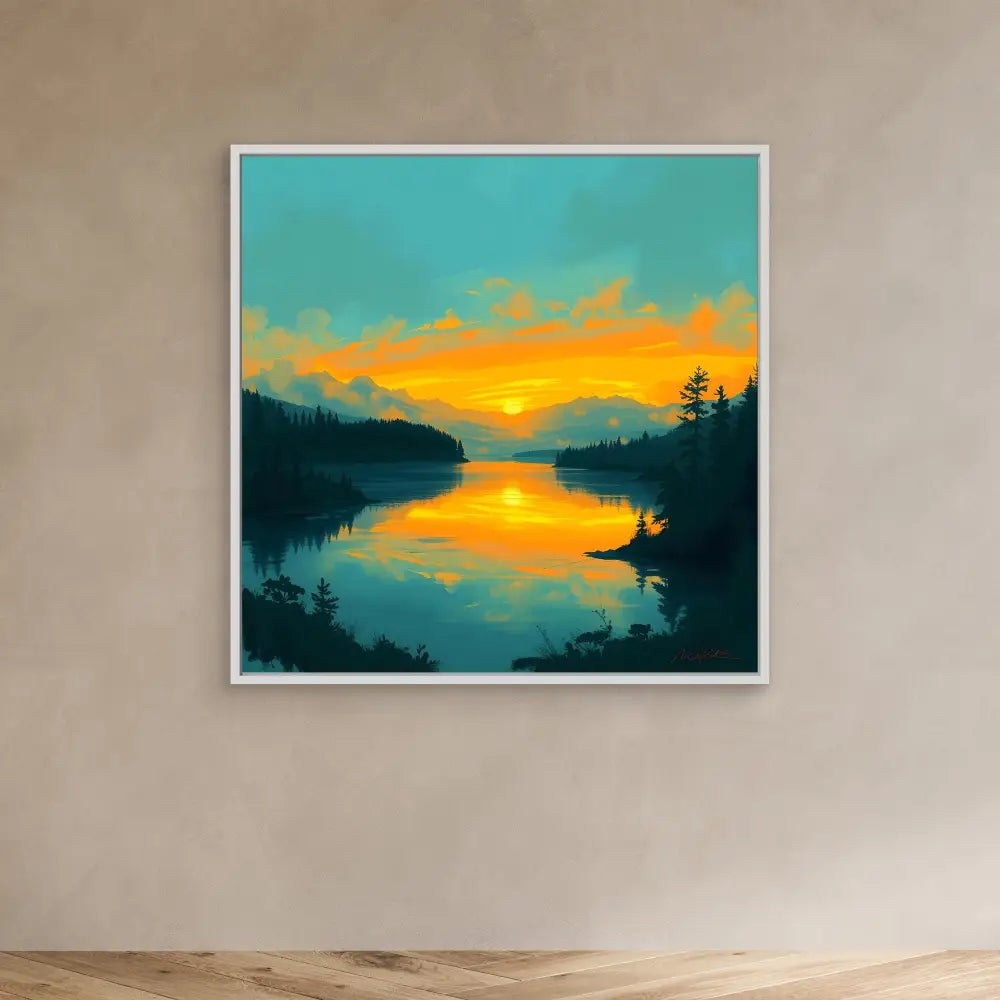 A framed painting of a sunset reflecting on a lake between forested shores.