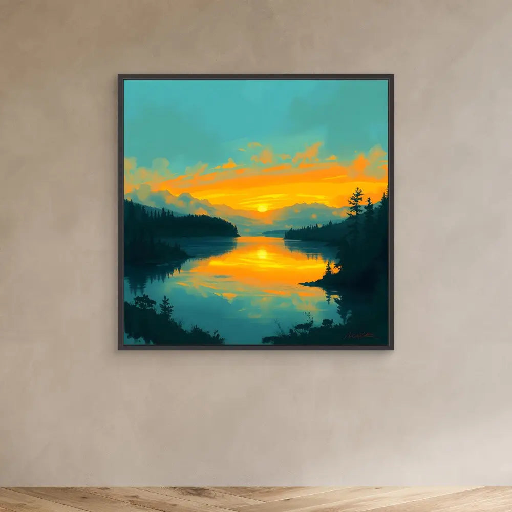 Framed painting of a sunset reflecting on a tranquil lake between forested shores.