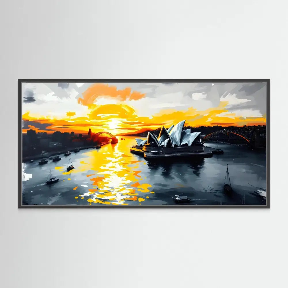 A framed painting of the Sydney Opera House at sunset.