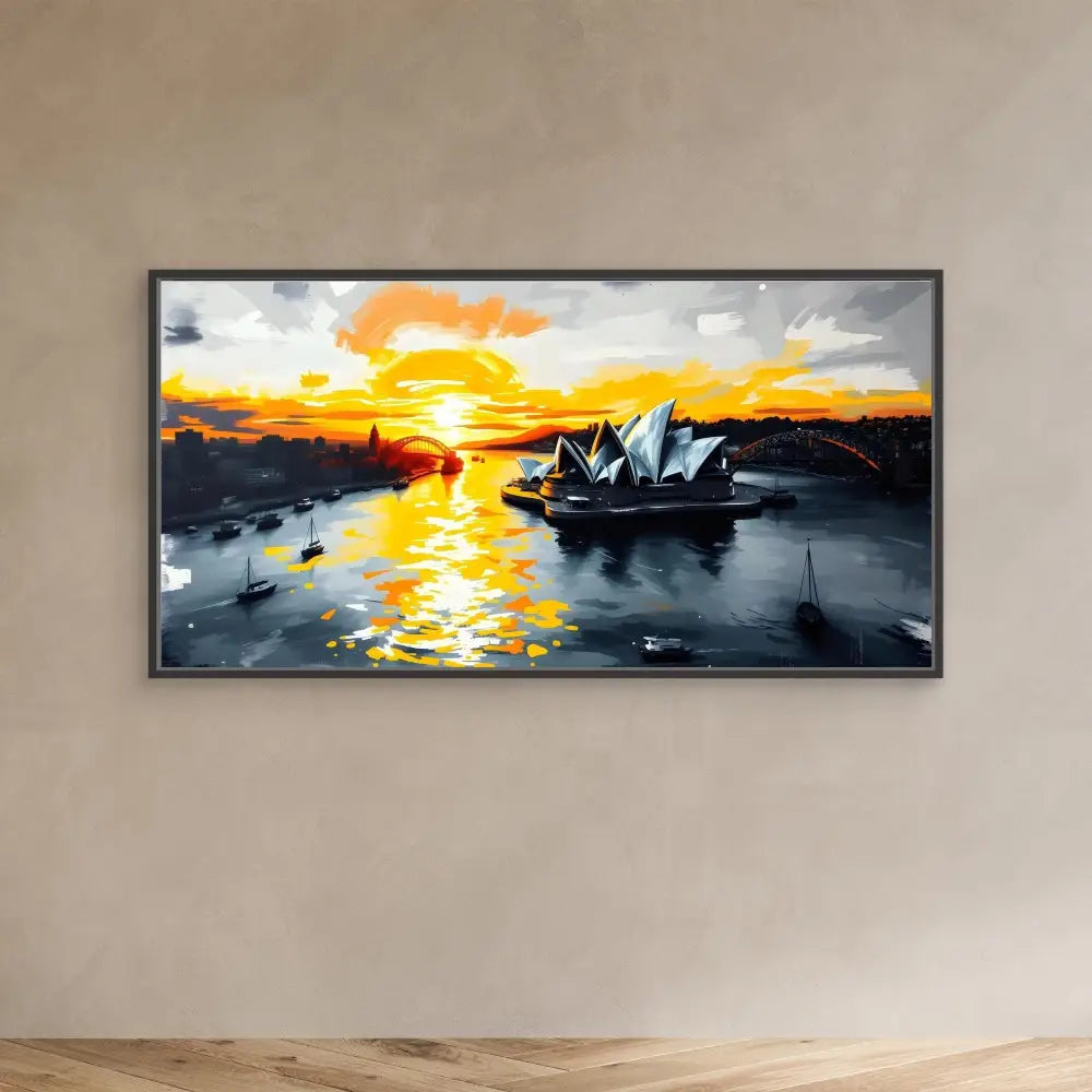 A framed painting of the Sydney Opera House at sunset with orange and yellow reflections on the harbor.